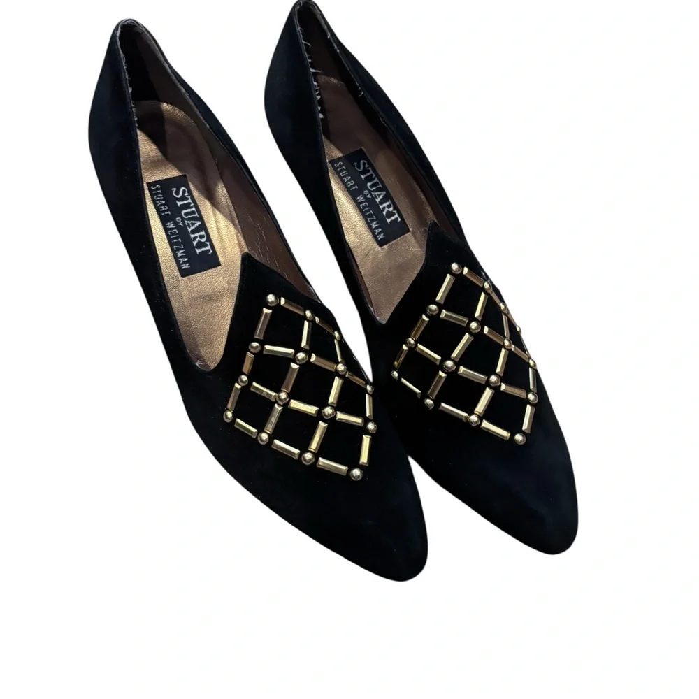 Stuart by Stuart Weitzman Black Velvet Studded Pointed Toe Heels Pumps - Picture 5 of 6